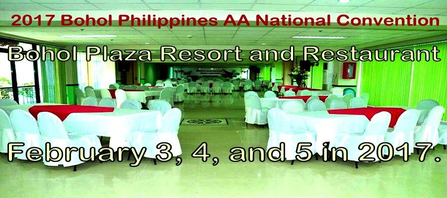 Historical DumagueteAA.org graphic promoting the 2017 Philippines AA National Convention at Bohol Plaza Resort and Restaurant.