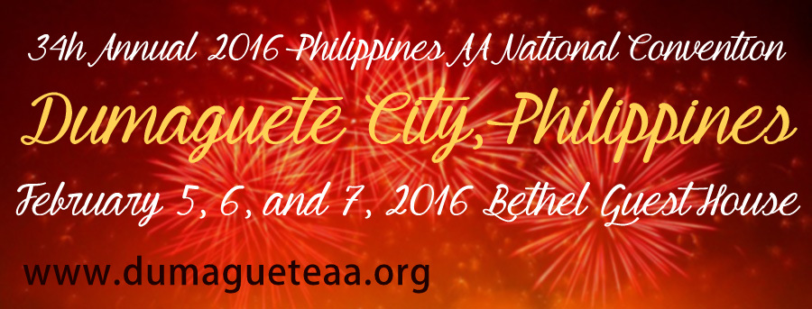 Historical promotional banner for the 34th Annual 2016 Philippines AA National Convention in Dumaguete City, featuring Bethel Guest House as the convention venue and published during the 2015 convention planning period.