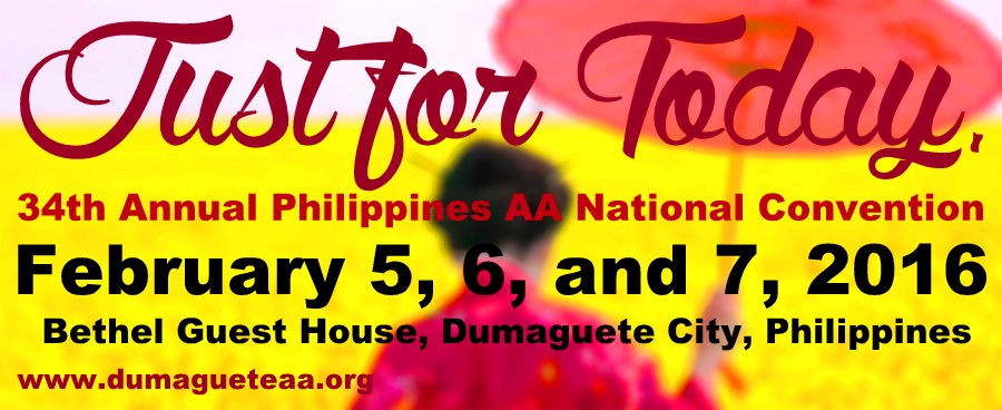 Just For Today banner promoting the 34th Annual Philippines AA National Convention at Bethel Guest House, Dumaguete City.