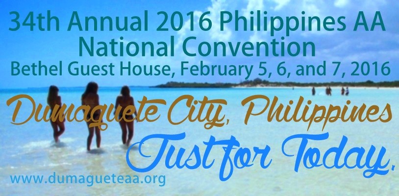 Beach-themed convention banner promoting the 34th Annual 2016 Philippines AA National Convention at Bethel Guest House in Dumaguete City.