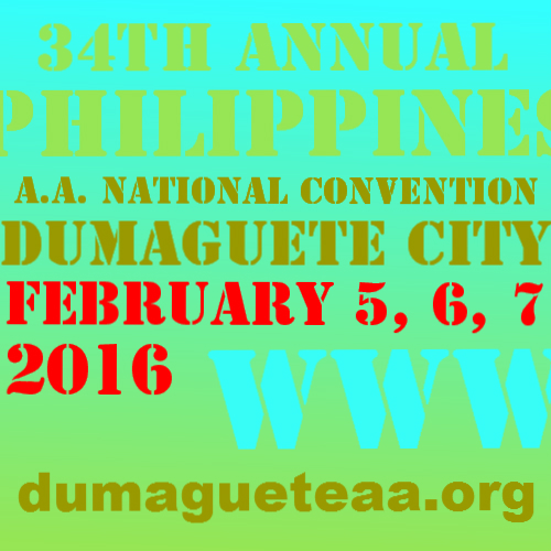 Historical promotional graphic for the 34th Philippines A.A. National Convention in Dumaguete City, first published in 2015 for the February 5–7, 2016 convention.