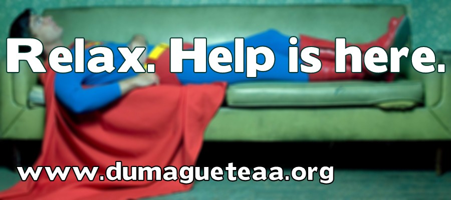 Humorous recovery graphic from the original DumagueteAA.org website reminding newcomers that help is available through Alcoholics Anonymous.