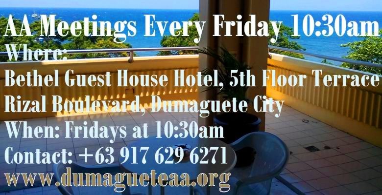 Historical Dumaguete AA meeting notice for the Friday morning Alcoholics Anonymous meeting at Bethel Guest House in Dumaguete City.