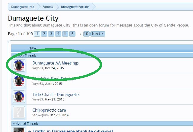 Screenshot of the Dumaguete AA Meetings thread featured on the DumagueteInfo community forums on December 24, 2015.