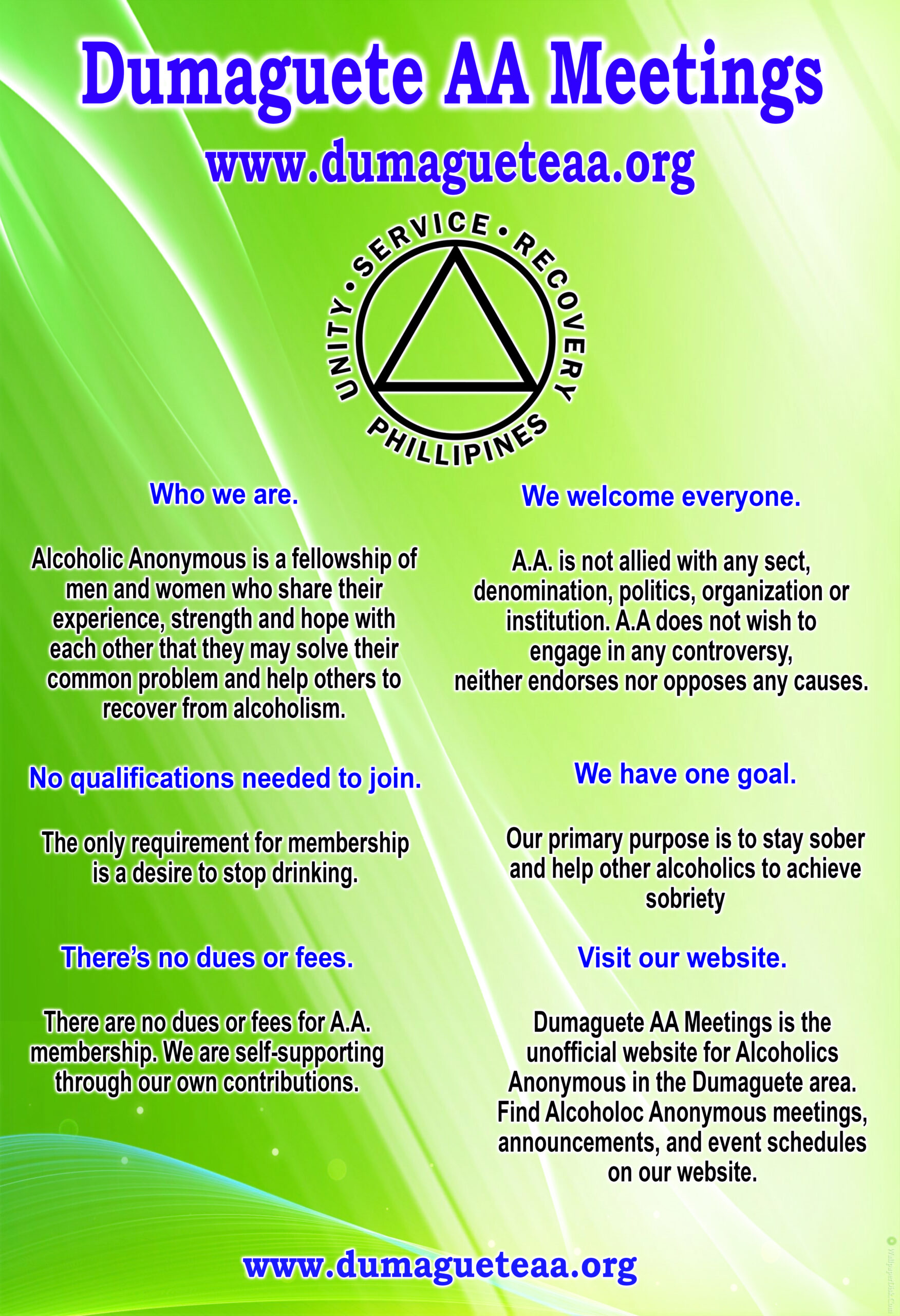 Early Dumaguete AA community outreach poster introducing Alcoholics Anonymous, its purpose, and membership principles.