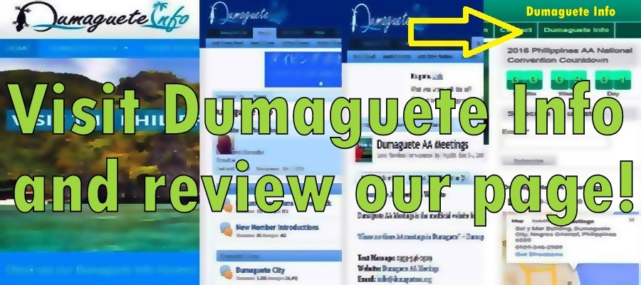 Historical DumagueteAA.org graphic encouraging visitors to review the Dumaguete AA page on DumagueteInfo, an independent community website.