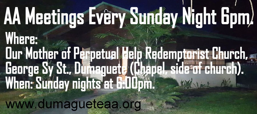 Historical DumagueteAA.org meeting notice for the Sunday evening Alcoholics Anonymous meeting at Our Mother of Perpetual Help Redemptorist Church in Dumaguete City.