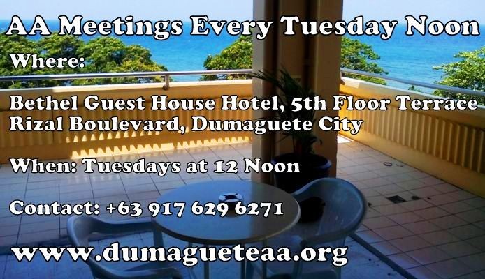 Historical Dumaguete AA meeting notice showing the Tuesday noon meeting at Bethel Guest House, Dumaguete City.