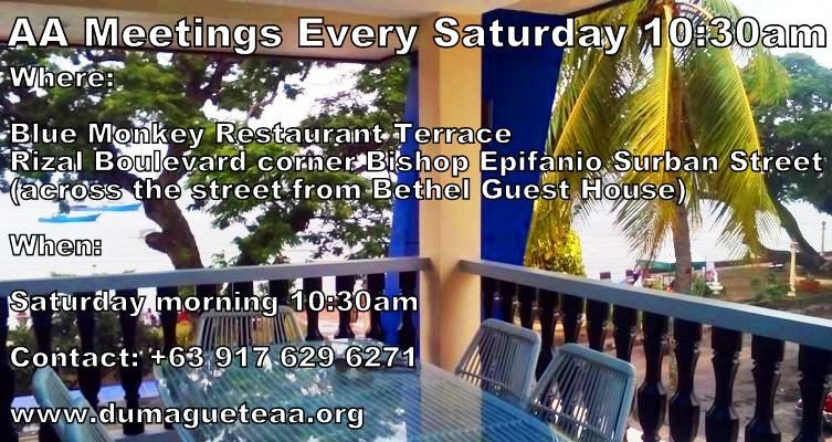 Historical Dumaguete AA meeting notice for the Saturday morning meeting at Blue Monkey Restaurant Terrace on Rizal Boulevard.