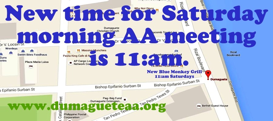 Historical DumagueteAA.org announcement showing the Saturday morning AA meeting at Blue Monkey Grill changed to 11:00 a.m.
