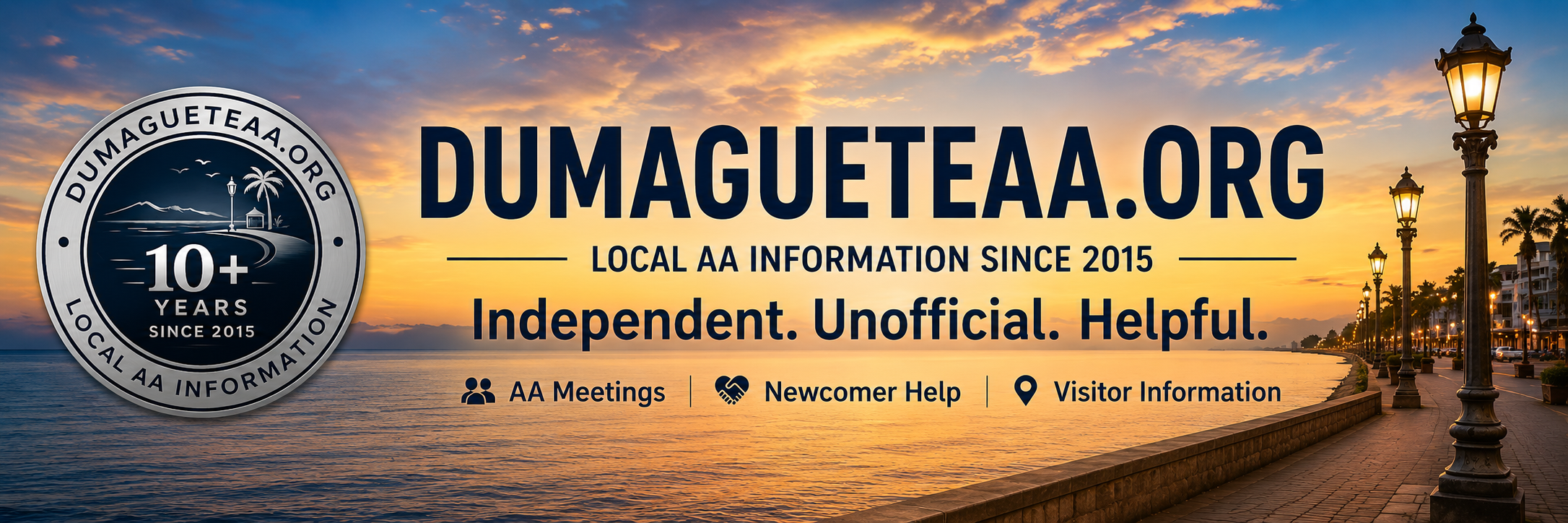 DumagueteAA.org local Alcoholics Anonymous information since 2015. AA meetings, newcomer help, visitor information and convention updates for Dumaguete City and Negros Oriental.