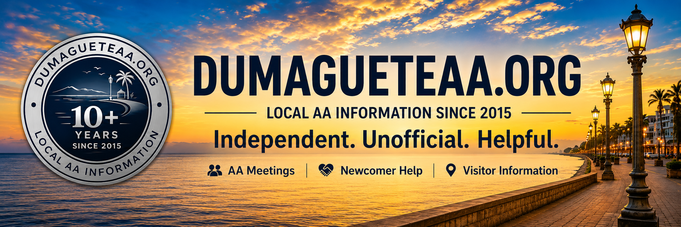 DumagueteAA.org local AA information since 2015, independent unofficial helpful AA meetings, newcomer help, and visitor information for Dumaguete City and Negros Oriental