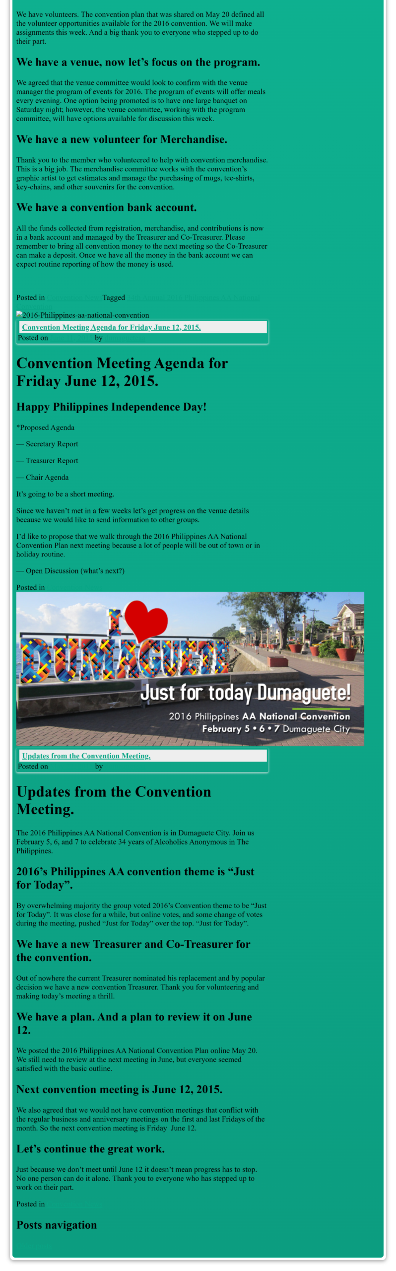 Part 2 of a July 2015 full-page historical screenshot of the original DumagueteAA.org website continuing the archived convention updates and original lime-green website layout.