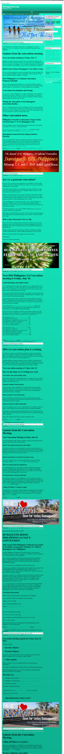 Part 1 of a July 2015 full-page historical screenshot of the original DumagueteAA.org website showing the lime-green theme, navigation, sidebar, meeting updates, and convention information.