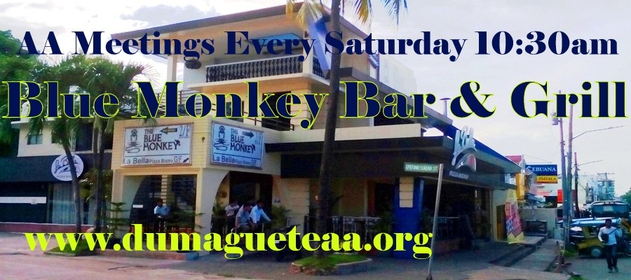 Historical DumagueteAA.org meeting graphic showing the Saturday morning AA meeting at the Blue Monkey Bar & Grill in Dumaguete City.